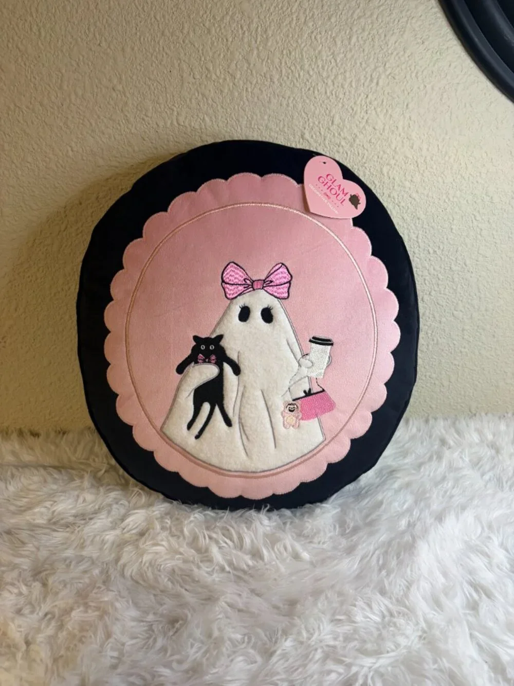 Glam Ghoul Ghost Cat Halloween Round Decorative Throw Pillow Pink NWT